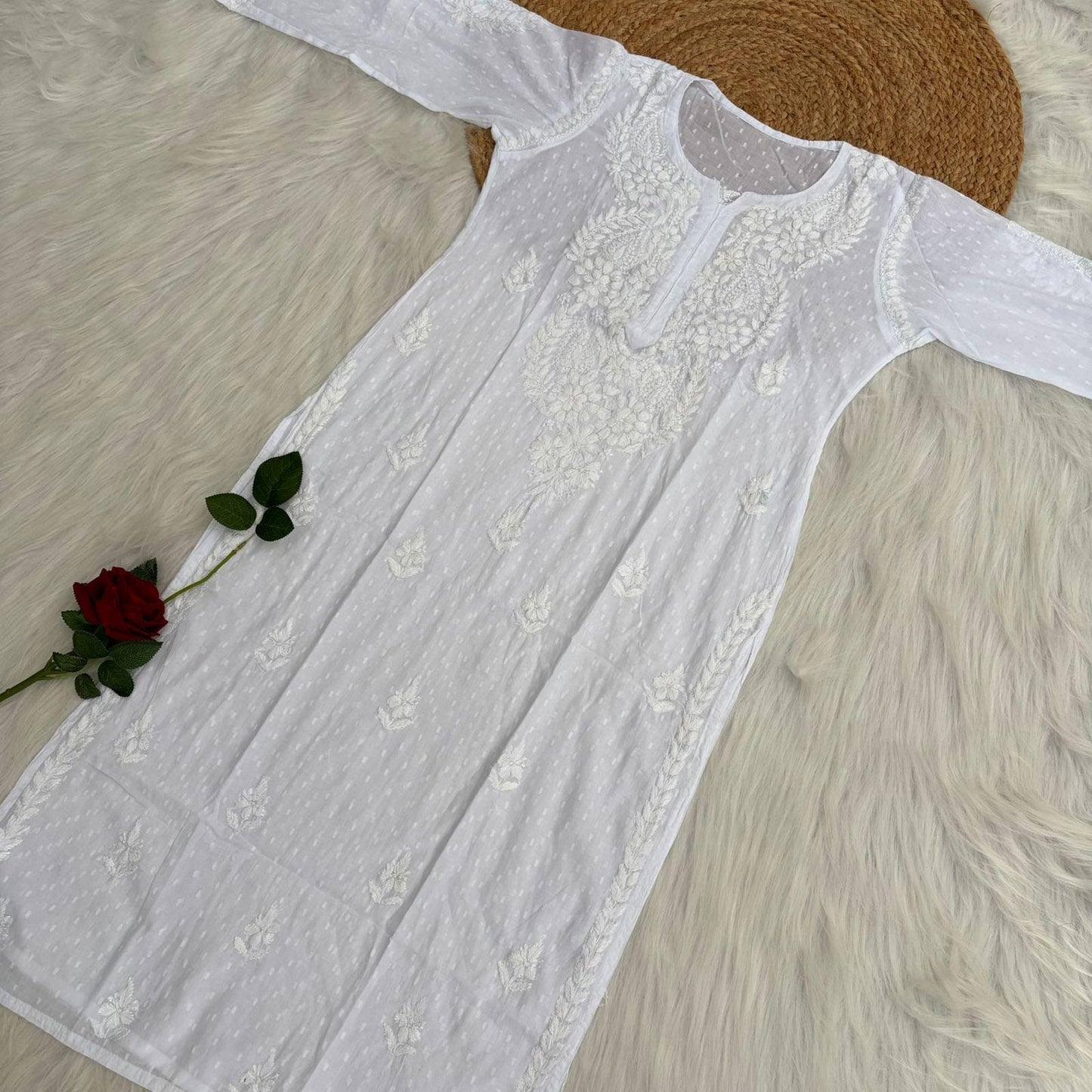 Vani Dobby Cotton Chikankari Kurti - White Colour