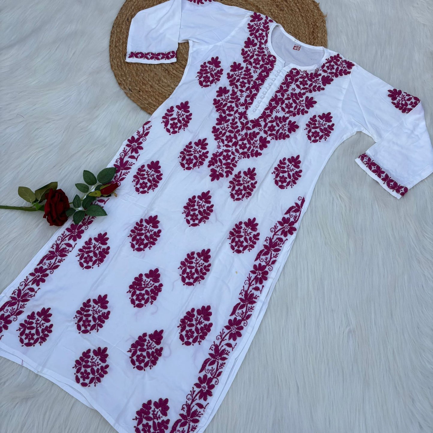 Amira Soft Rayon Chikankari Kurti - Rani on White Color - Chikankaar