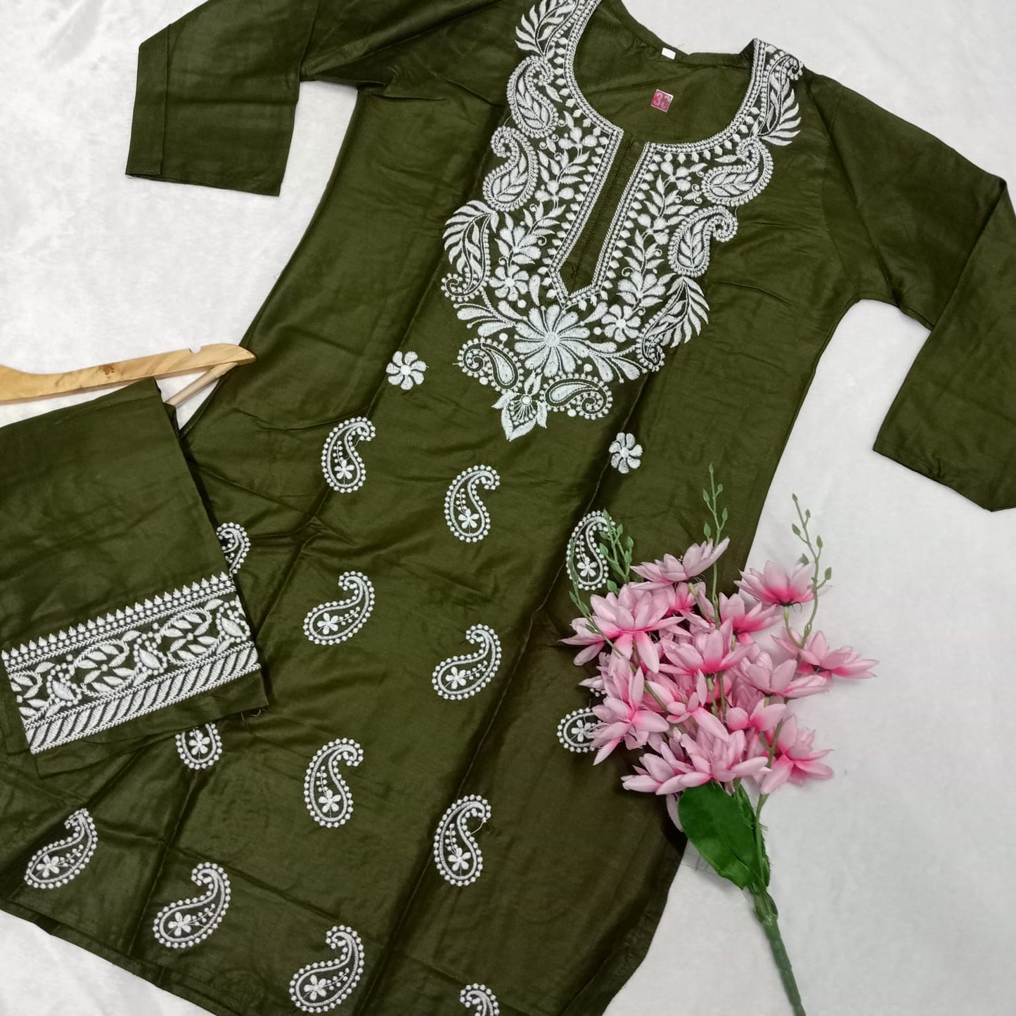 Rayon Chikankari Machine Work Kurti Plazo Set- Mehendi Colour - Chikankaar