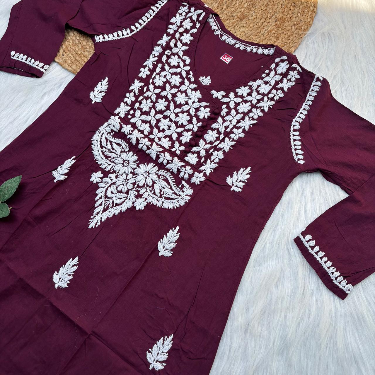 Sabeena Pure Cotton Chikankari Kurti Wine Colour