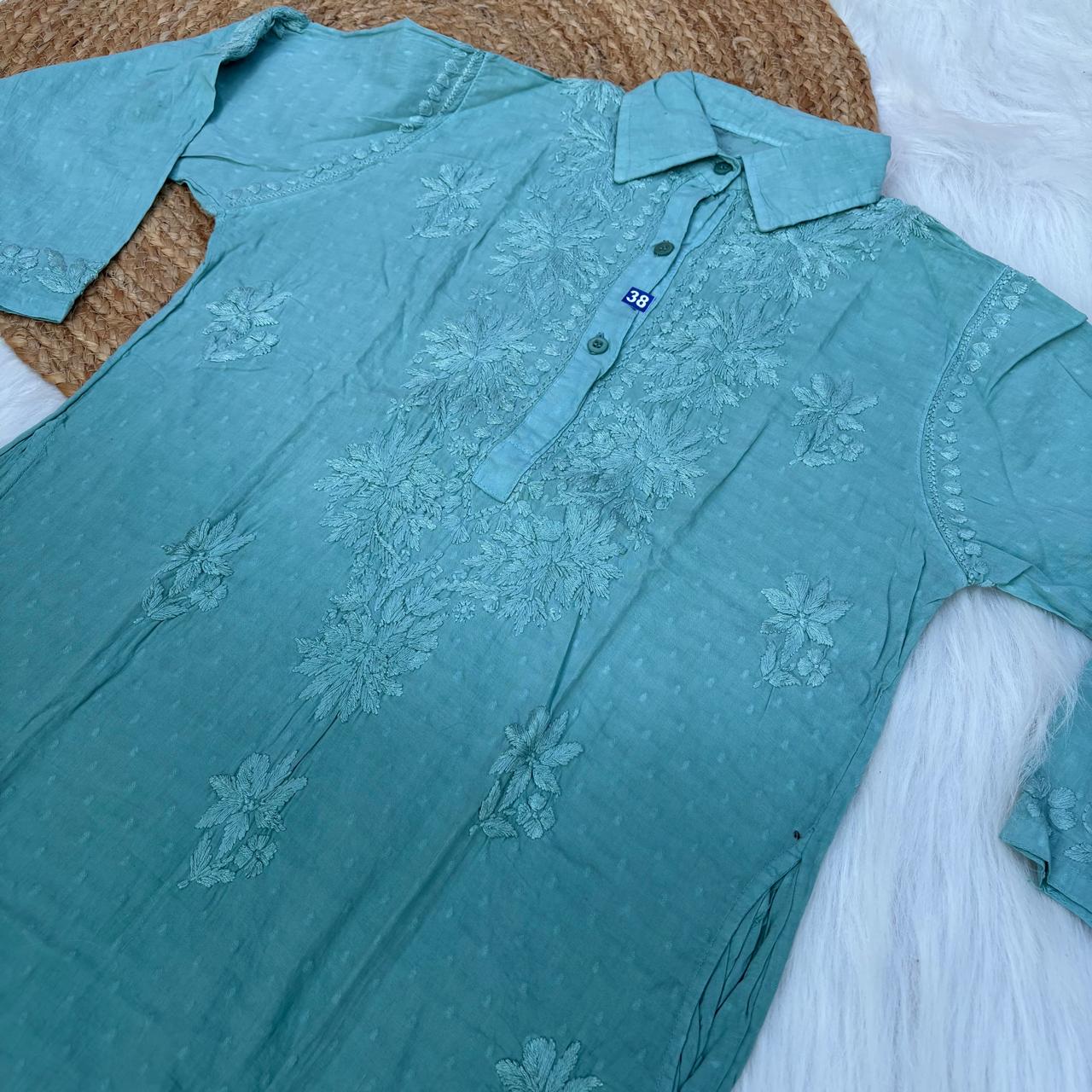 Sadia Dobby Cotton Ombre Shaded Chikankari Kurti with Collar - Rama Green Colour
