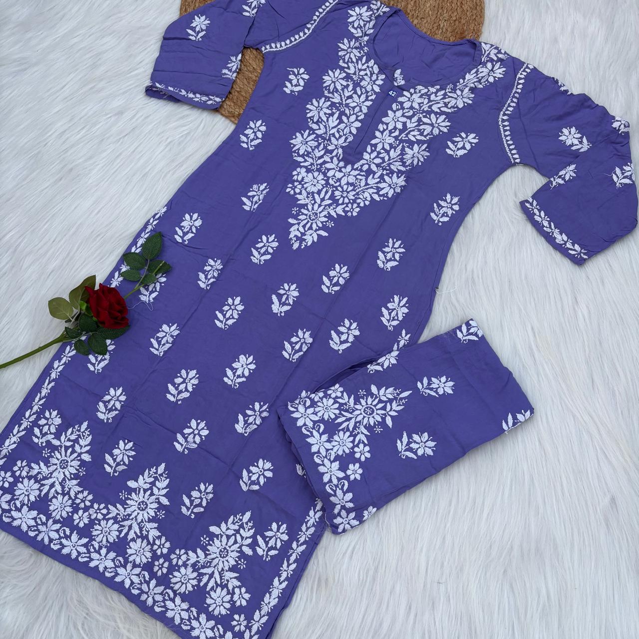 Maya Rayon Chikankari Kurti Plazo Set - Purple Colour