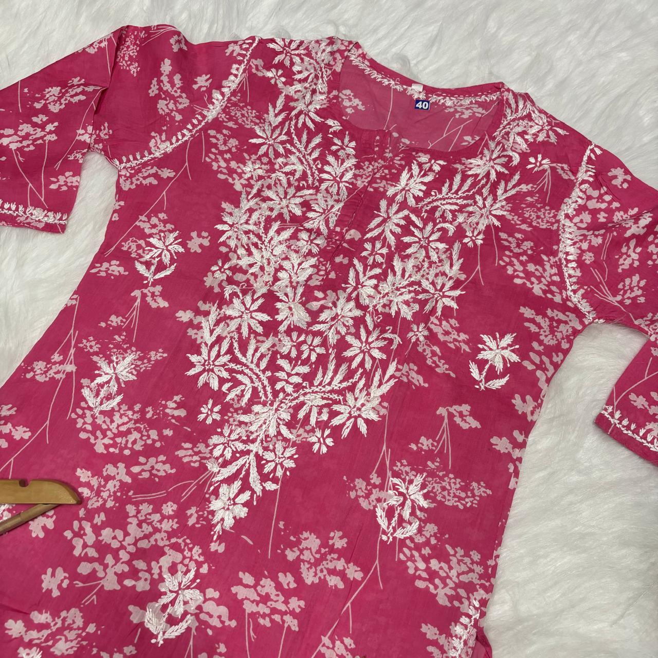 Mahira Sharma Inspired Pure Mulmul Printed Chikankari Handwork Kurti - Pink Colour - Chikankaar