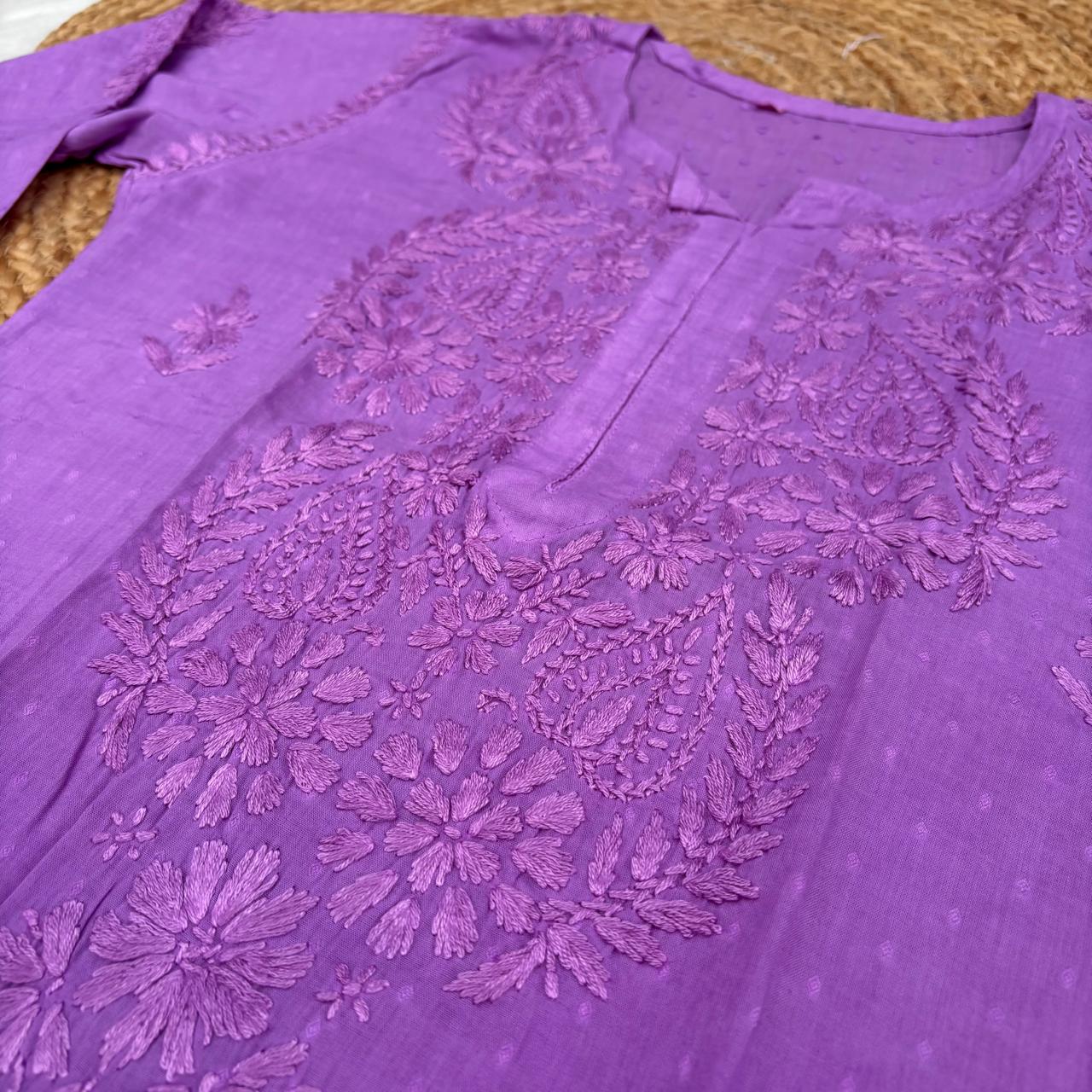 Nuha Dobby cotton Ombre shaded Lucknowi Chikankari Kurti Plazo Set - Purple Colour