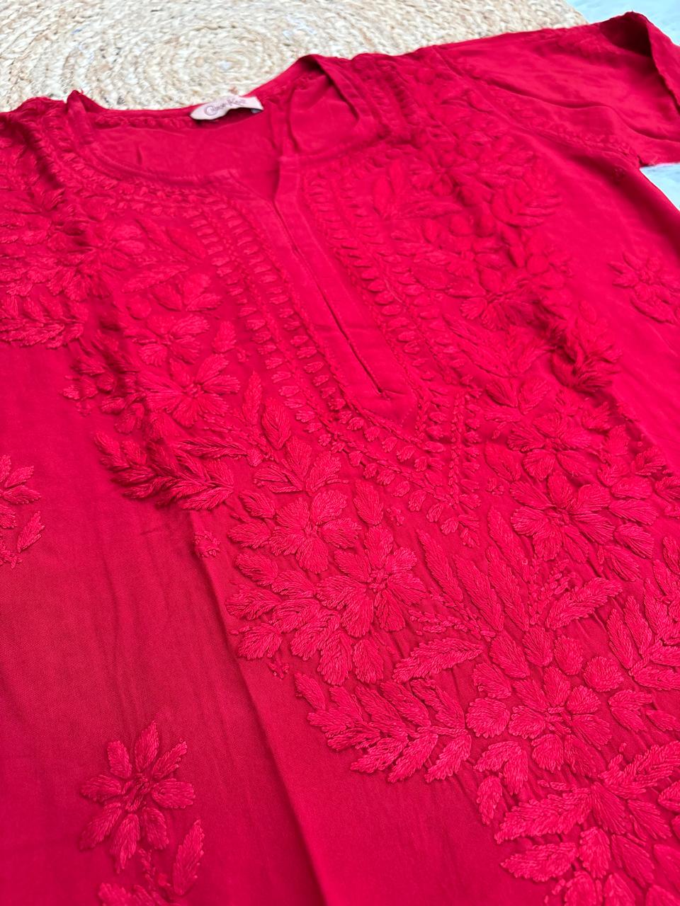 Azra Soft Rayon Dyeable Handwork Chikankari kurti Set - Red Colour