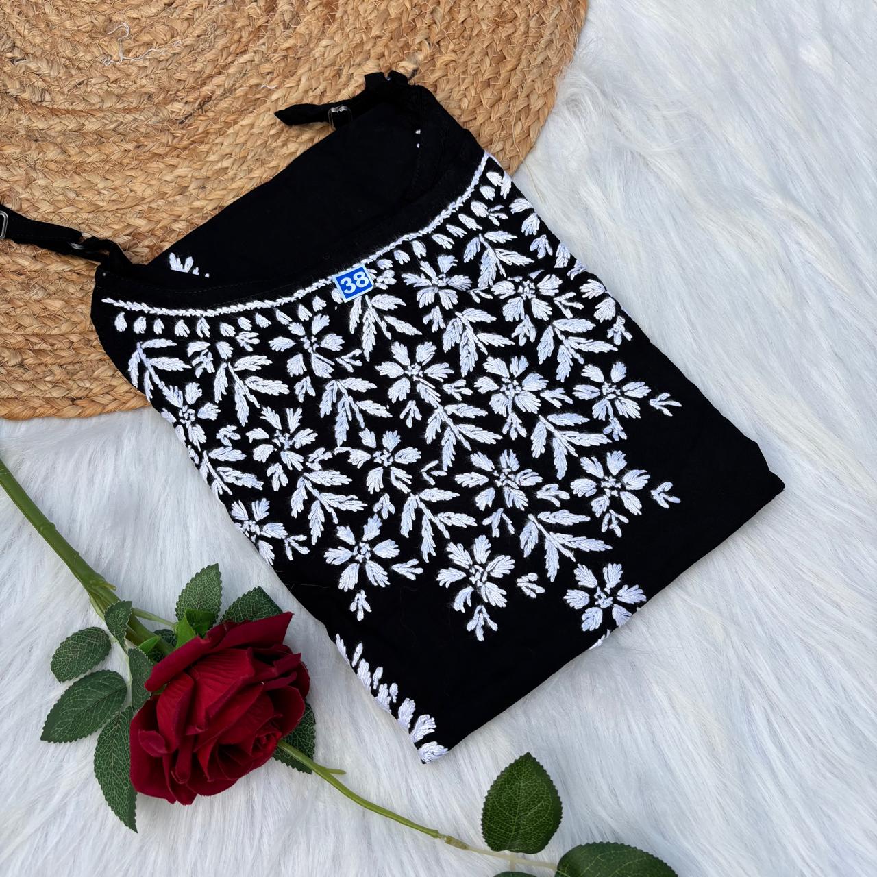 Safa Rayon Chikankari Noodle Strap Short Kurti -Black colour (Length - 38")