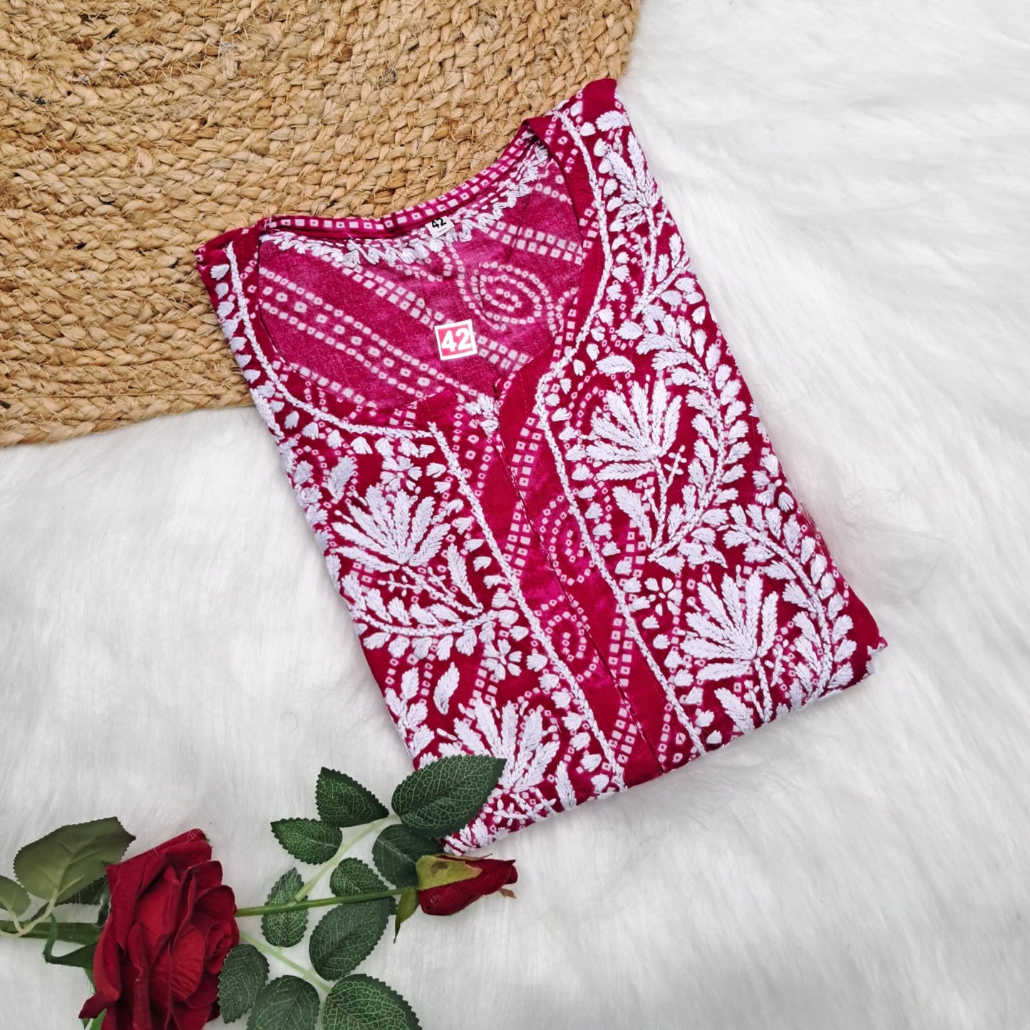 Falak Bandhani Print Rayon Chikankari Kurti -Pink Colour - Chikankaar