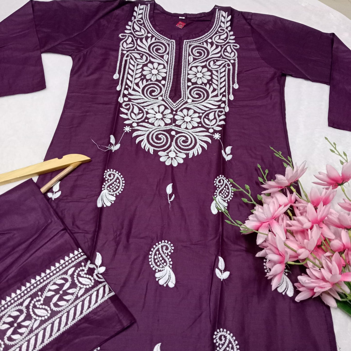 Rayon Chikankari Machine Work Kurti Plazo Set- Wine Colour - Chikankaar