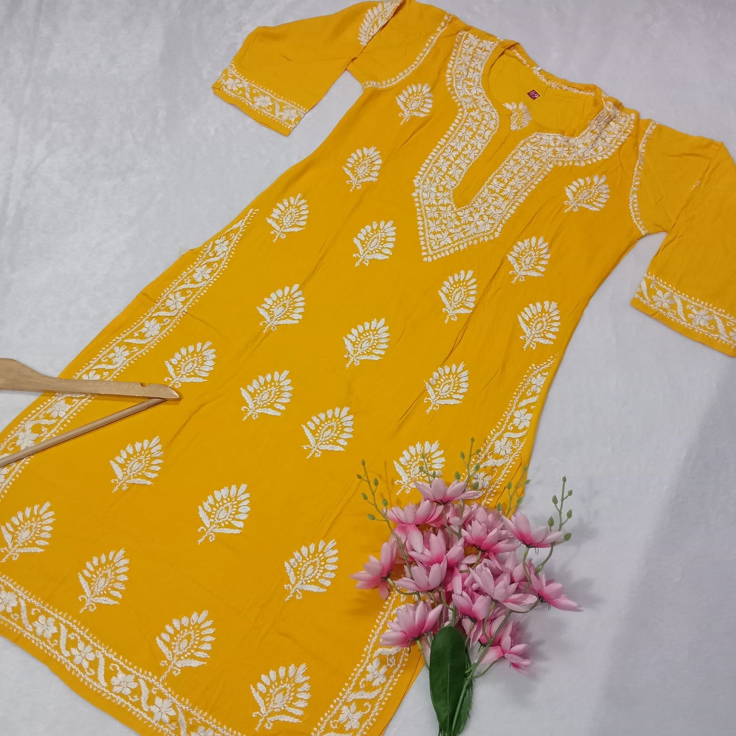 PURE RAYON CHIKANKARI KURTI - YELLOW COLOR - Chikankaar
