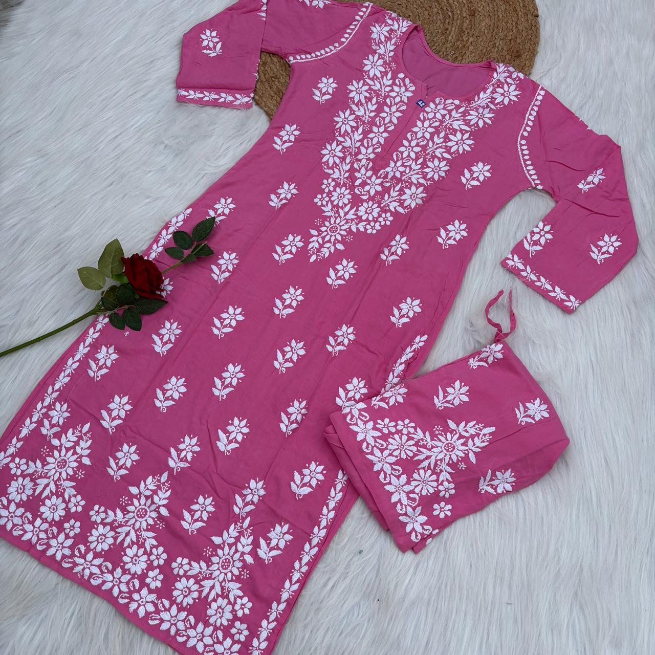 Maya Rayon Chikankari Kurti Plazo Set - Pink Colour