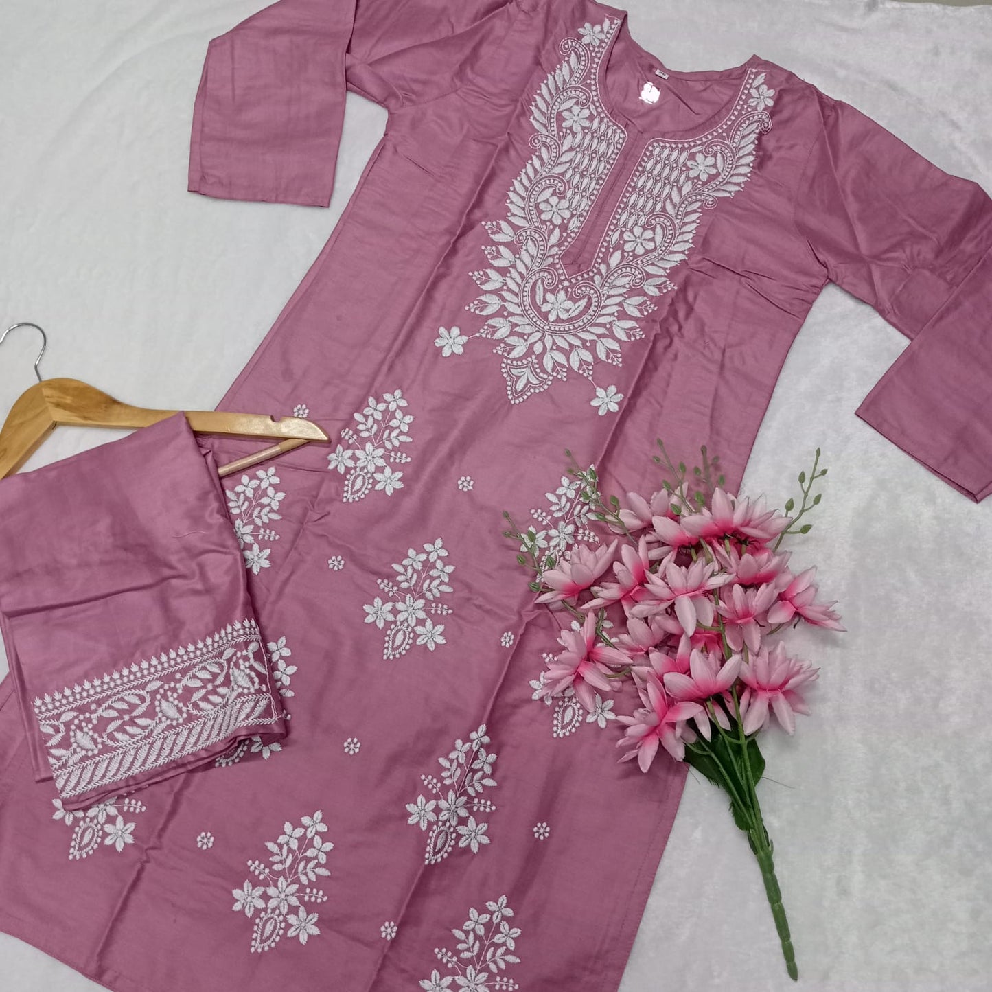Rayon Chikankari Machine Work Kurti Plazo Set- Fuschia Colour - Chikankaar
