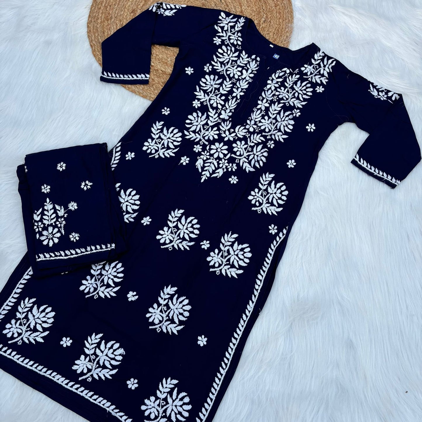 Jannat Soft Rayon Chikankari Kurti Plazo Set - Navy Blue colour - Chikankaar
