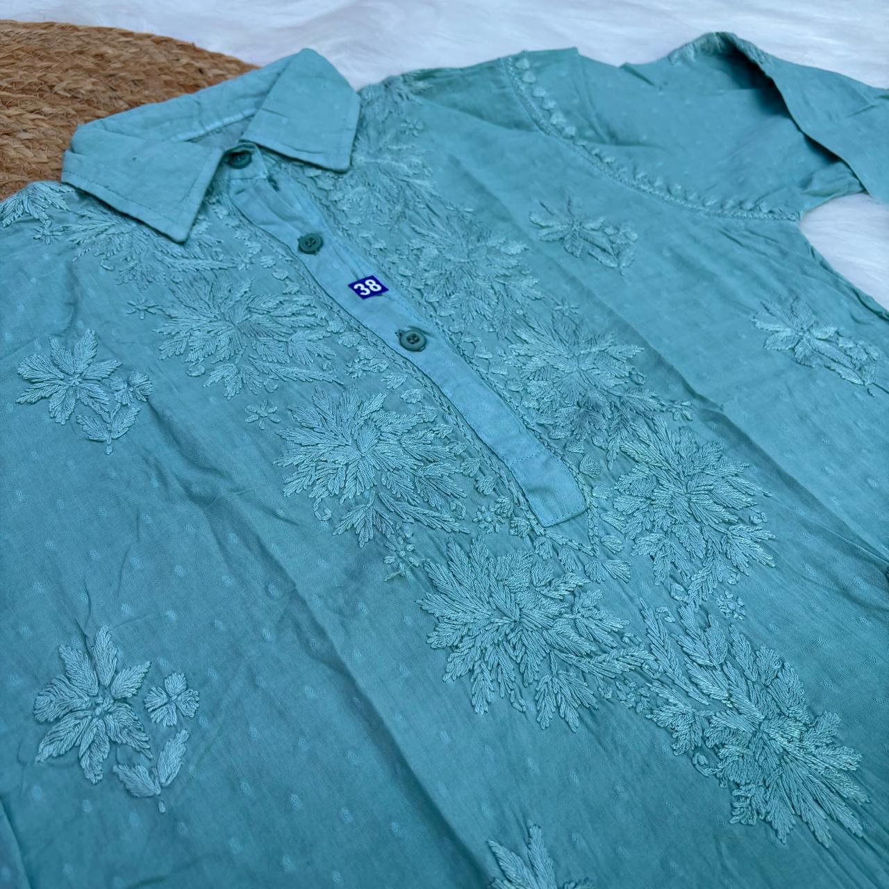 Sadia Dobby Cotton Ombre Shaded Chikankari Kurti with Collar - Rama Green Colour