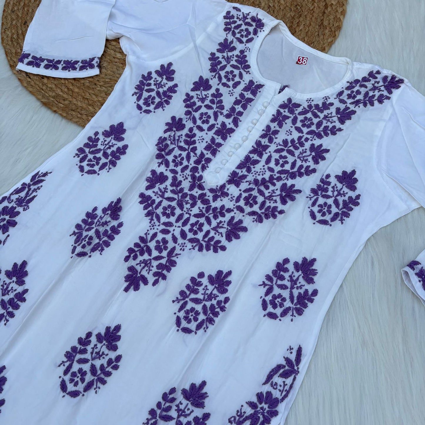 Amira Soft Rayon Chikankari Kurti - Purple on White Color - Chikankaar