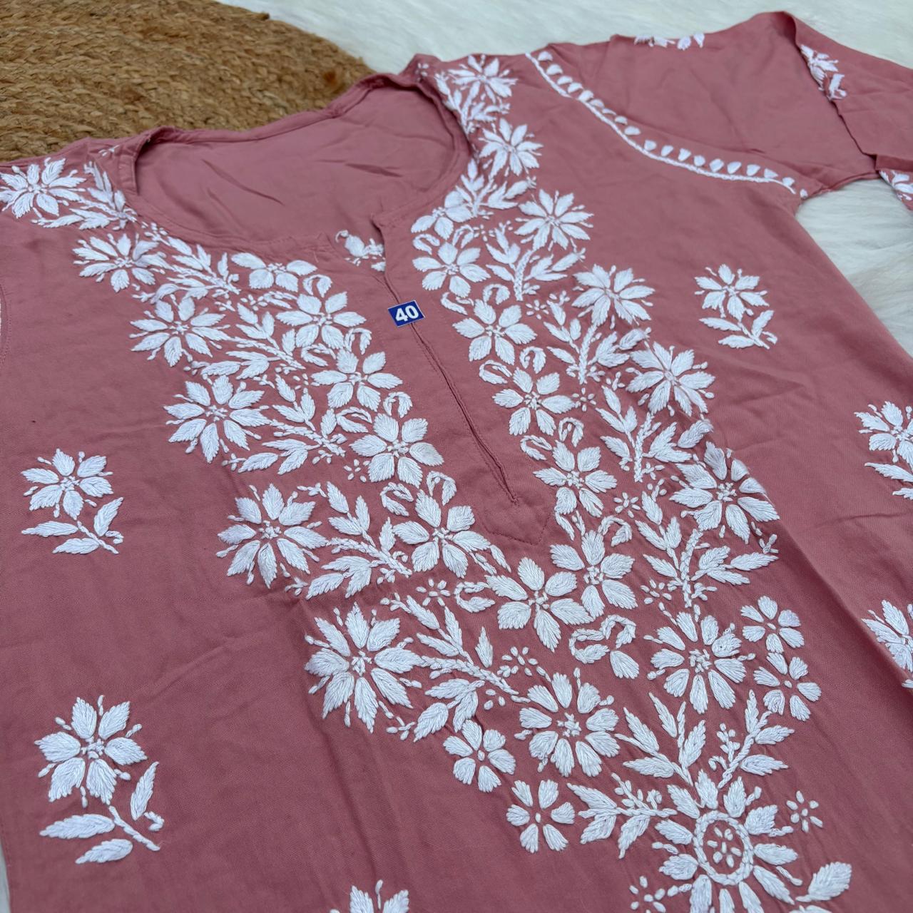 Maya Rayon Chikankari Kurti Plazo Set - Blush Colour