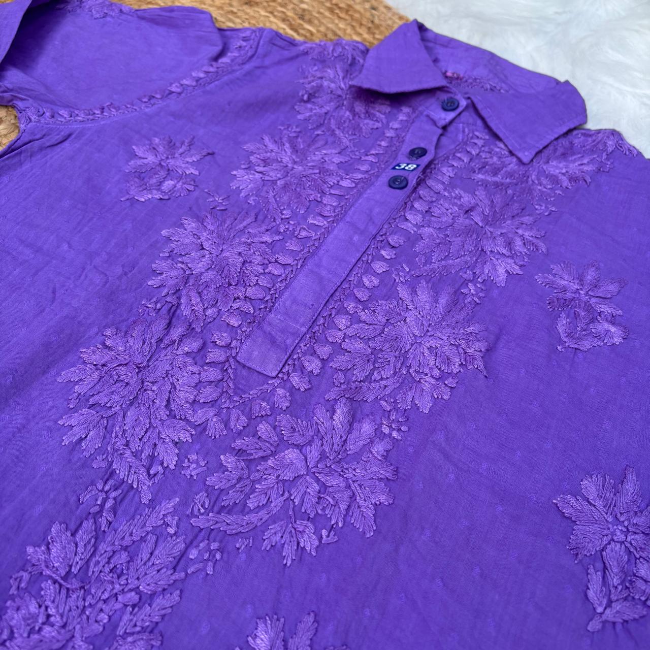 Sadia Dobby Cotton Ombre Shaded Chikankari Kurti with Collar - Purple Colour