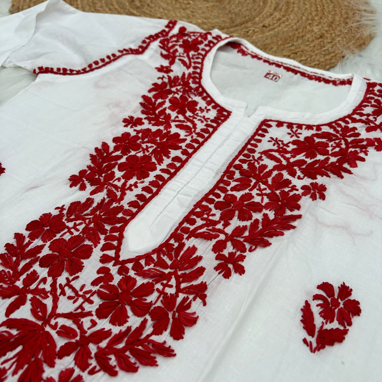 Shraddha Kapoor inspired Pure Cotton Chikankari Kurti - Red Colour - Chikankaar