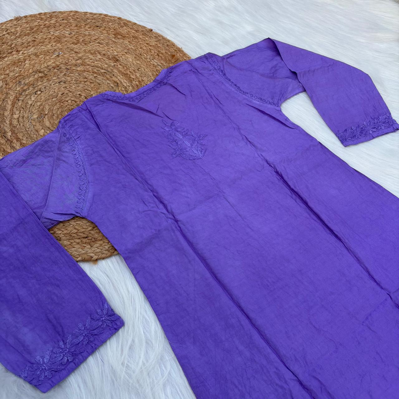Zooni Chanderi Lucknowi Chikankari Dyed Kurti- Purple colour