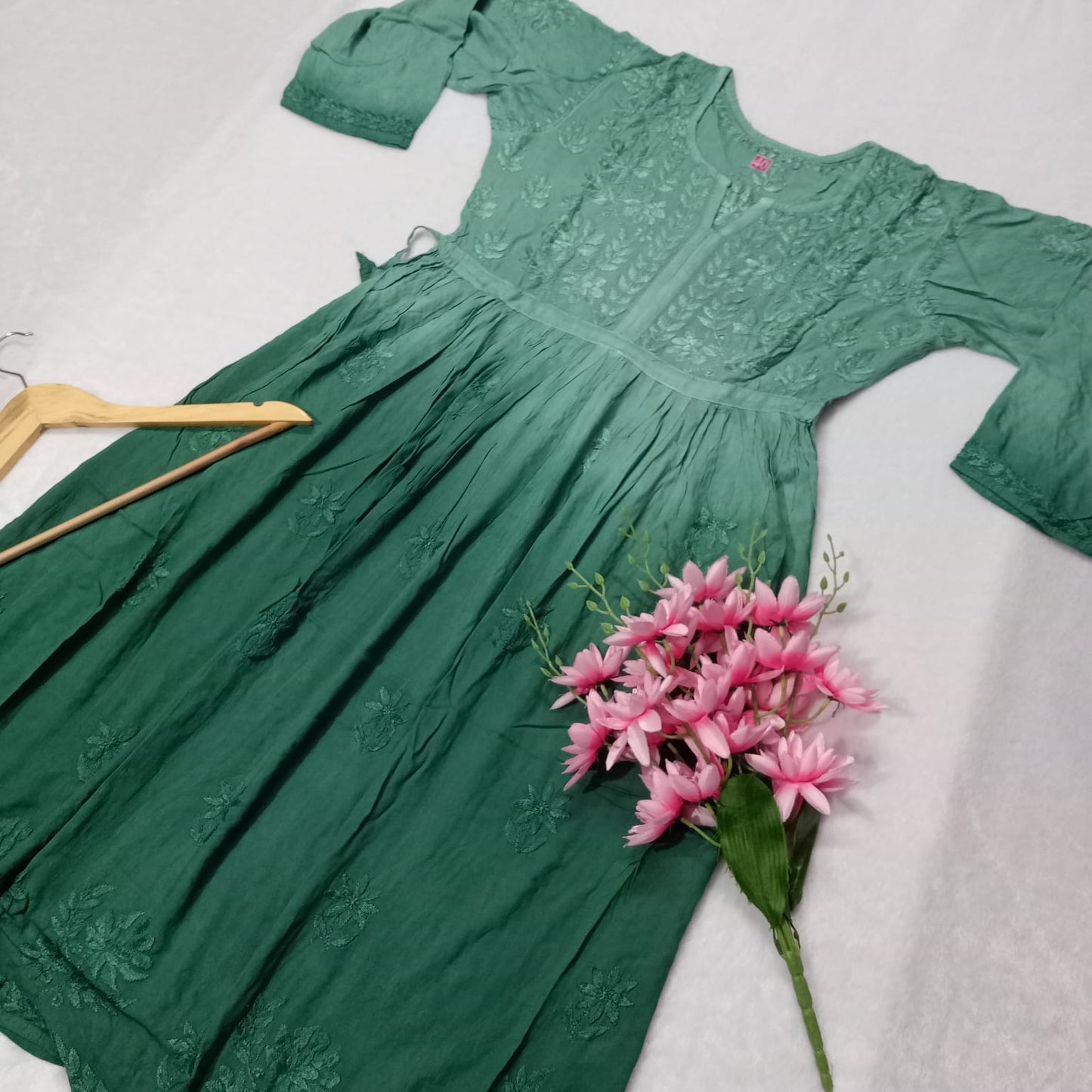 Pure Modal Dual Shaded Chikankari Gown With Dori-dark Green - Chikankaar