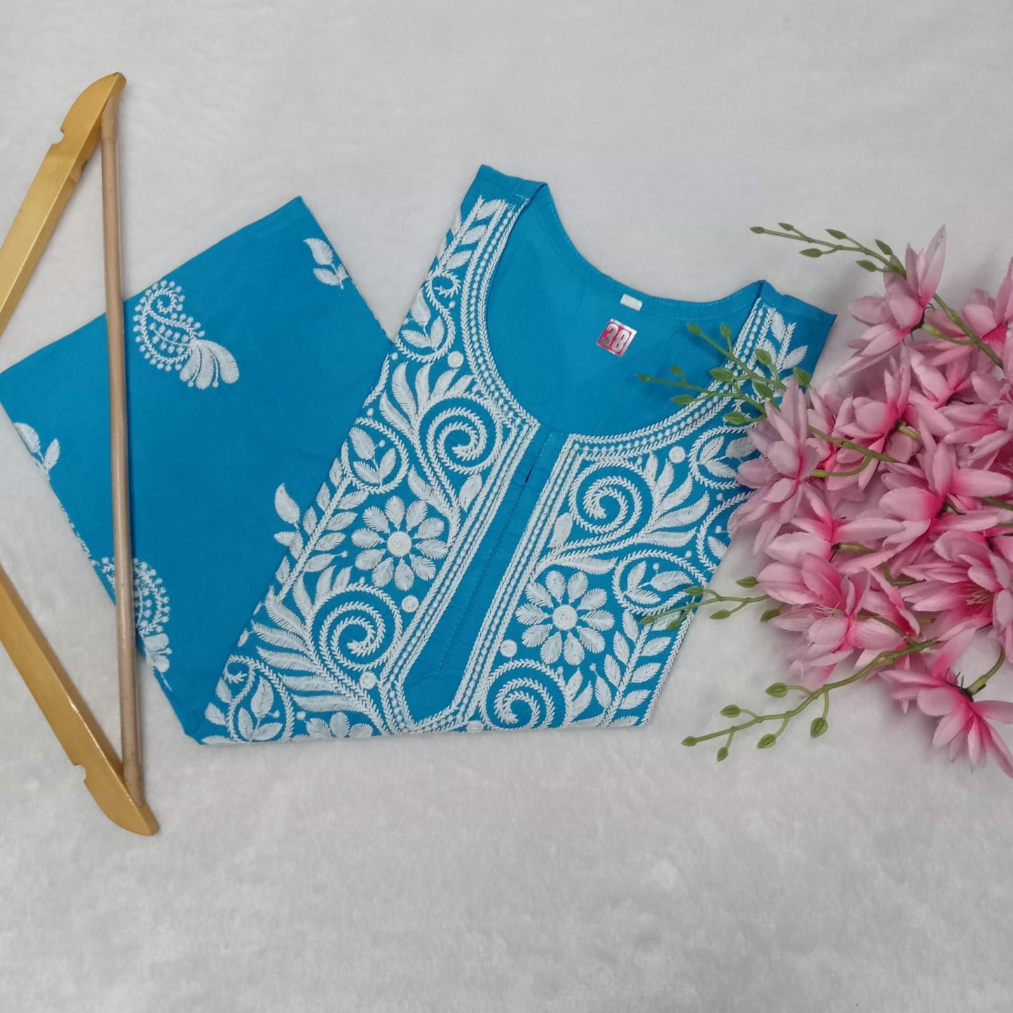 Cotton Machine Work Chikankari Kurti - Sky Blue Colour - Chikankaar