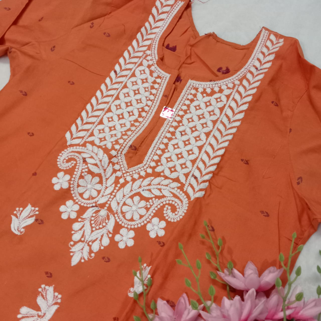 SOFT COTTON PRINTED CHIKANKARI MACHINE WORK KURTI - ORANGE COLOUR - Chikankaar