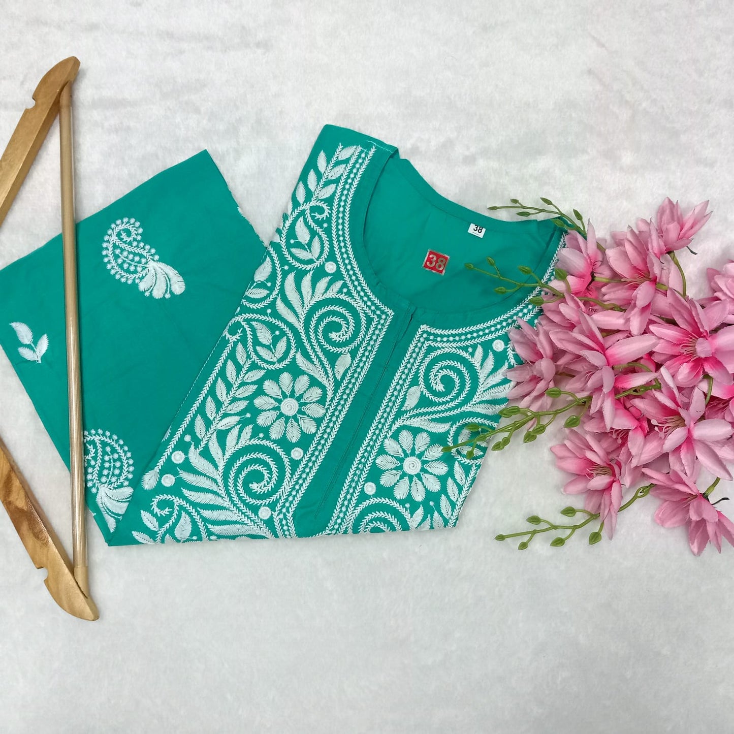 Cotton Machine Work Chikankari Kurti - Sea Green Colour - Chikankaar