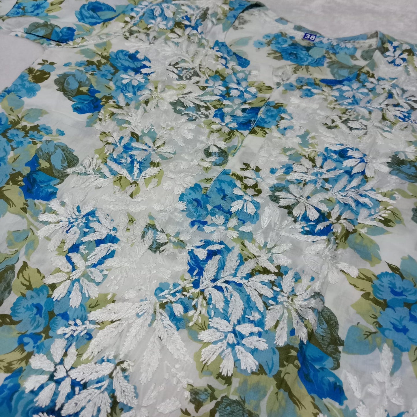 Aisha Mulmul Floral Printed Chikankari Handwork Kurti- Blue Colour - Chikankaar