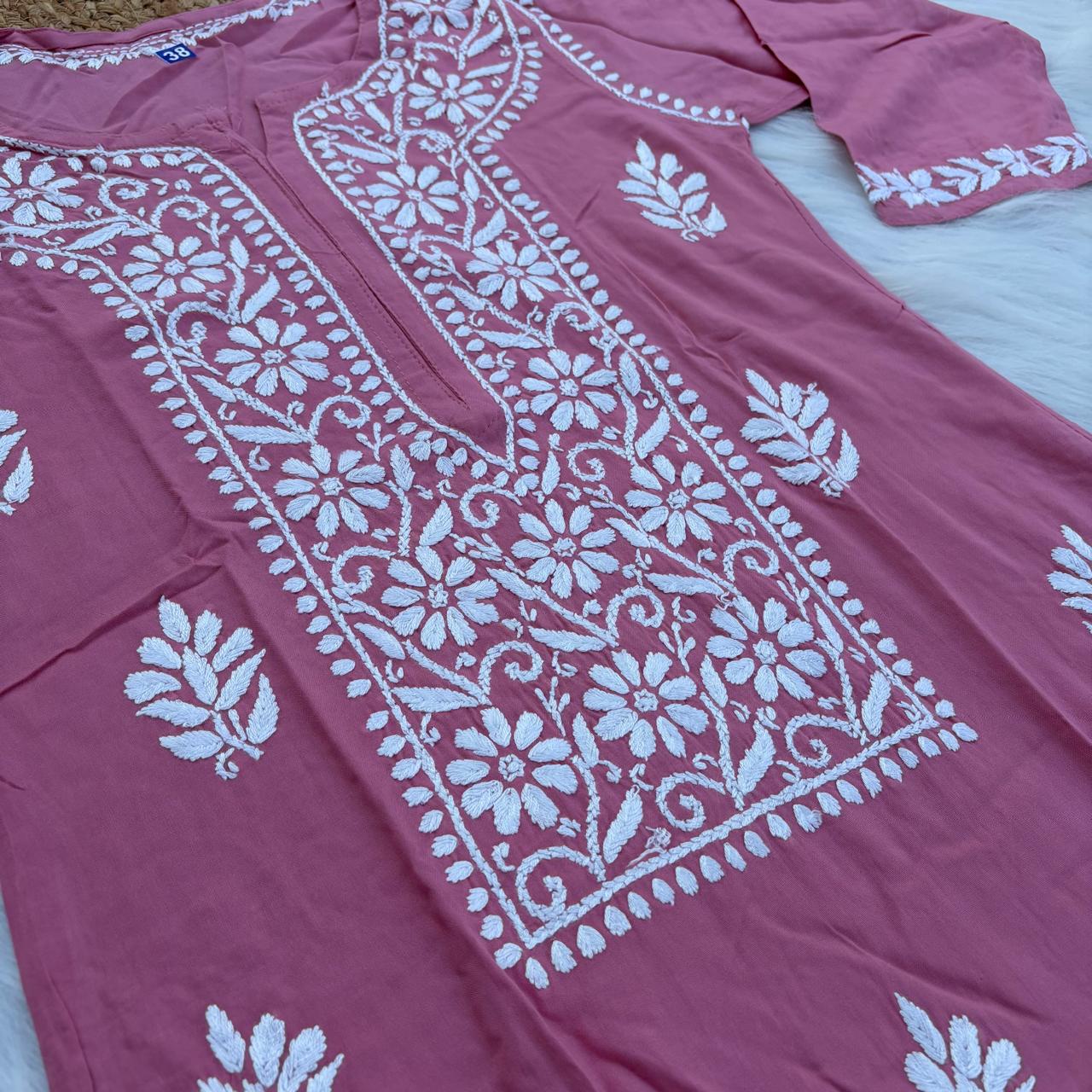 Soft Rayon Chikankari Kurti - Blush Colour