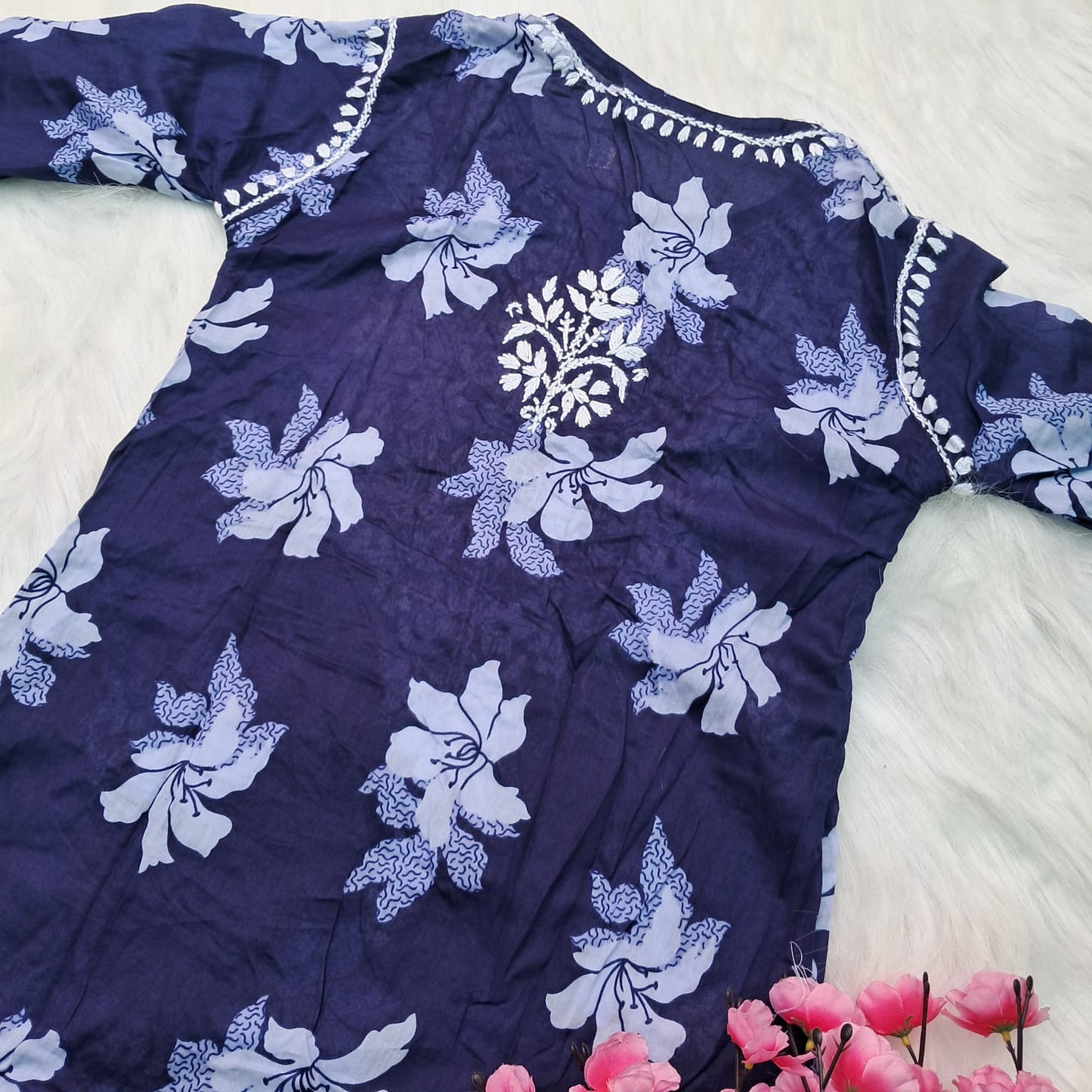 Suhana Khan Inspired Pure Mulmul Chikankari Kurti- Navy Blue Colour - Chikankaar