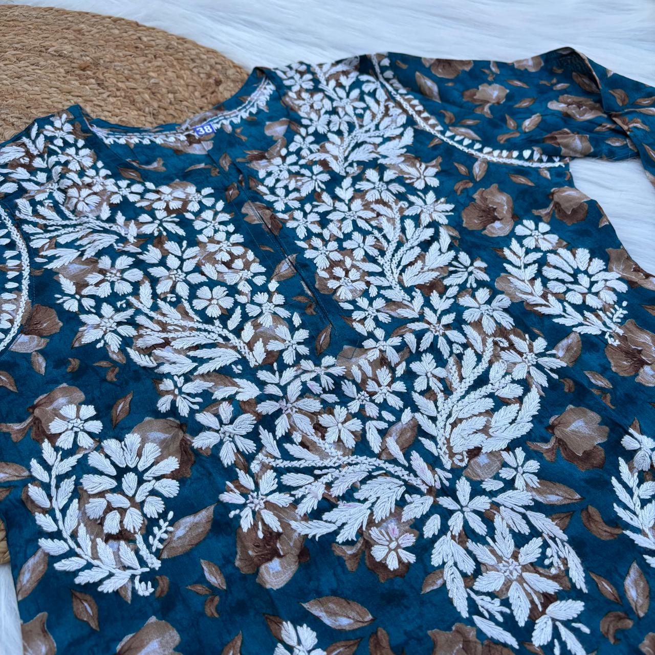 Sana Pure Mulmul Chikankari Handwork Kurti -Sea Green Colour