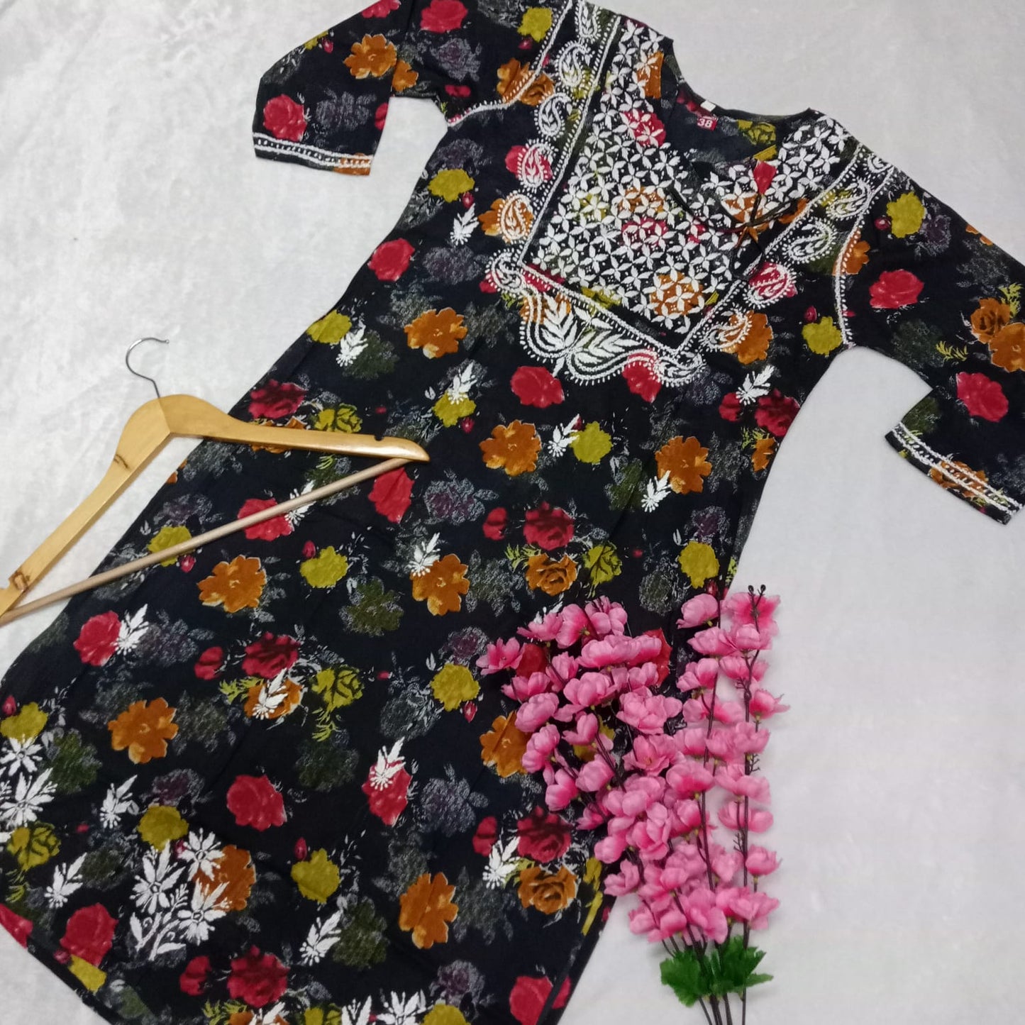 Masooma Mulmul Floral Printed Chikankari Handwork Kurti - Black Colour - Chikankaar