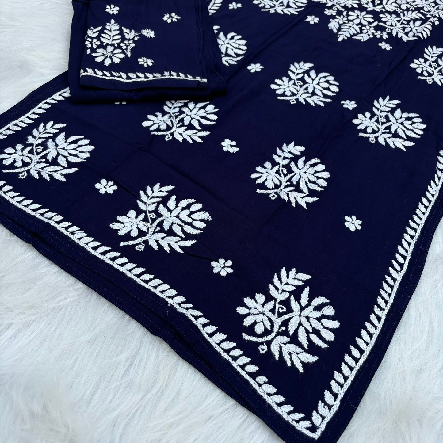 Jannat Soft Rayon Chikankari Kurti Plazo Set - Navy Blue colour - Chikankaar