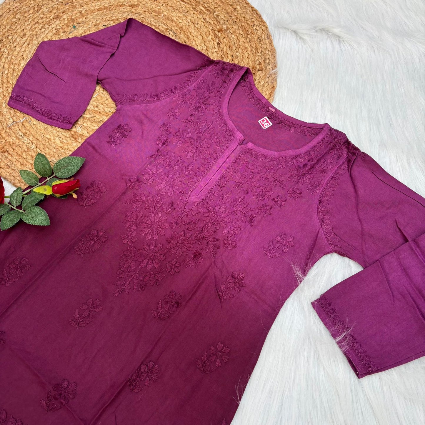 Sofia Ombre Shaded Soft Rayon Chikankari Short Kurti -Wine Colour - Chikankaar