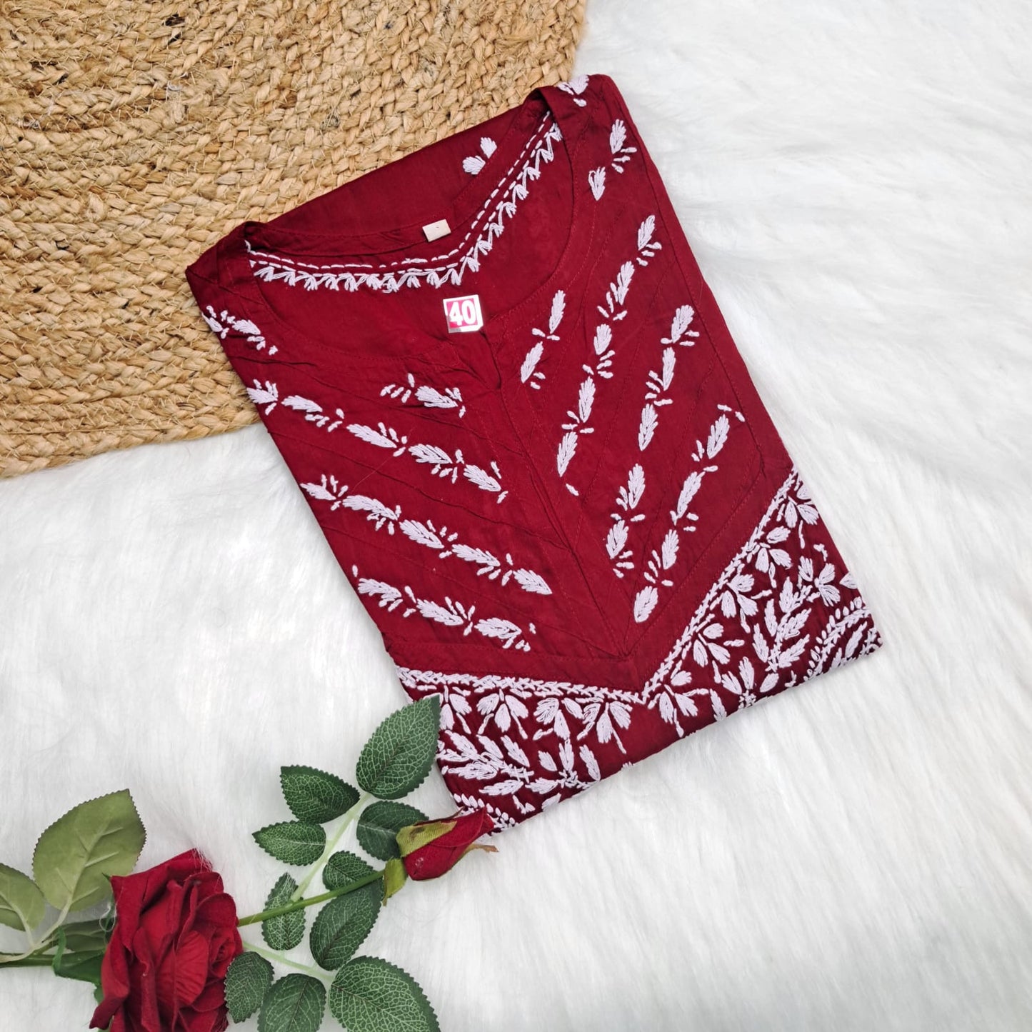 Adiva Pure Cotton Chikankari Handwork Kurti - Maroon Colour - Chikankaar