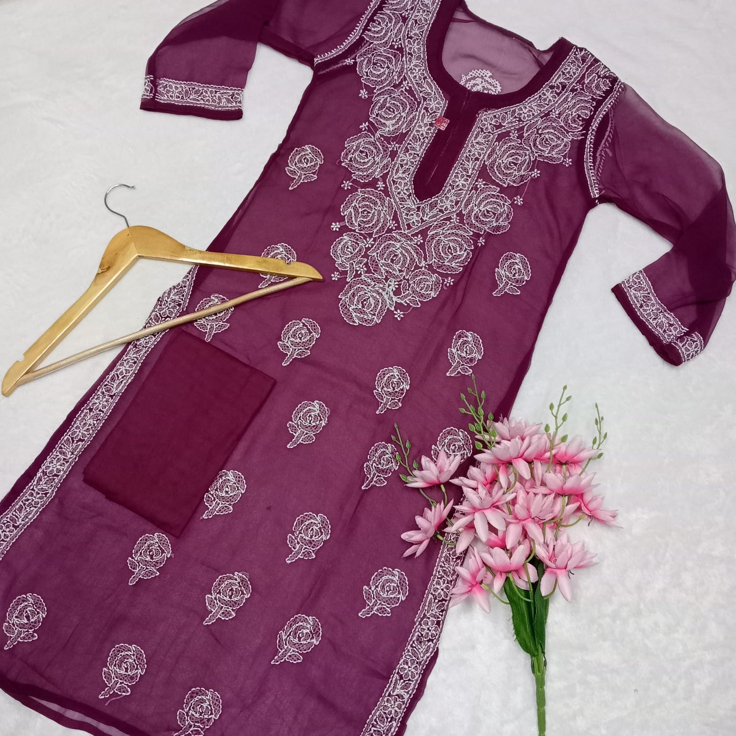 Georgette Chikankari Rose Work Kurti With Pure Cotton Inner -Wine Colour - Chikankaar