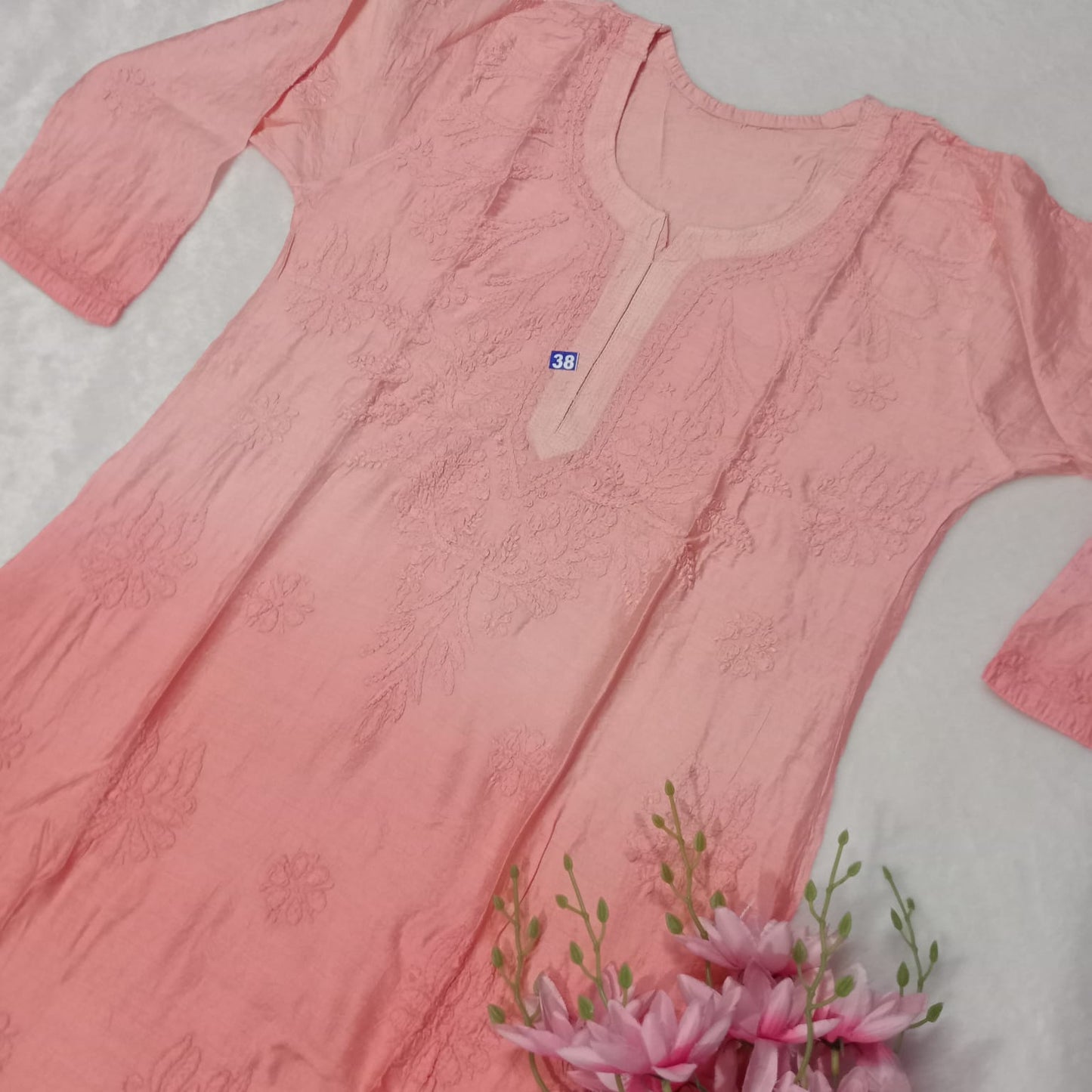 SOFT CHANDERI DUAL SHADED CHIKANKARI KURTI - PEACH COLOR - Chikankaar