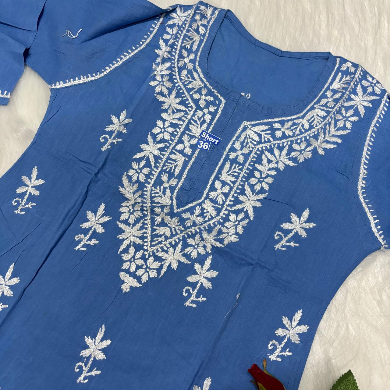 Ziya Pure Cotton Chikankari Short Top- Sky Blue Colour - Chikankaar
