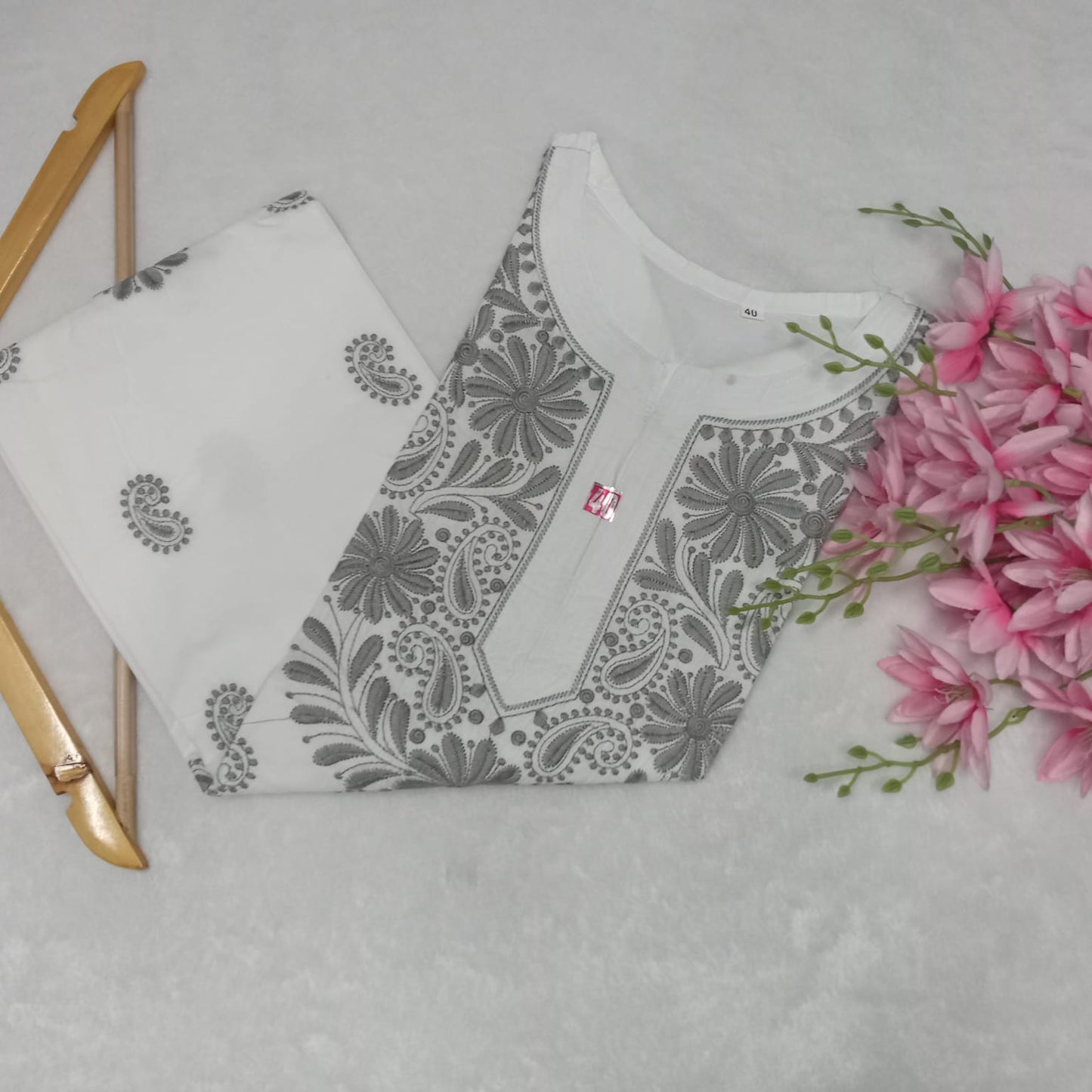 Pure Cotton Chikankari Machine Work Kurti - White Grey Colour - Chikankaar