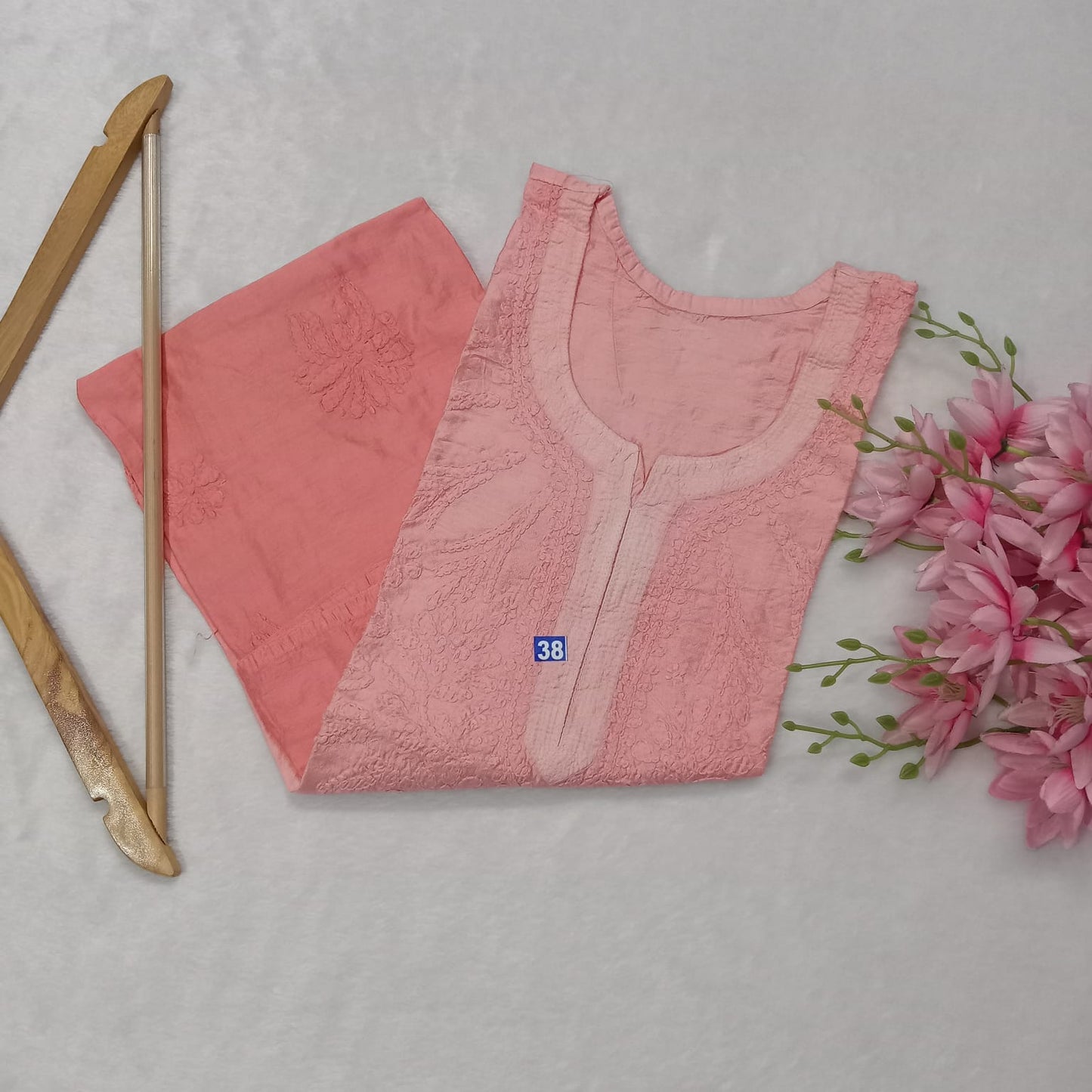 SOFT CHANDERI DUAL SHADED CHIKANKARI KURTI - PEACH COLOR - Chikankaar