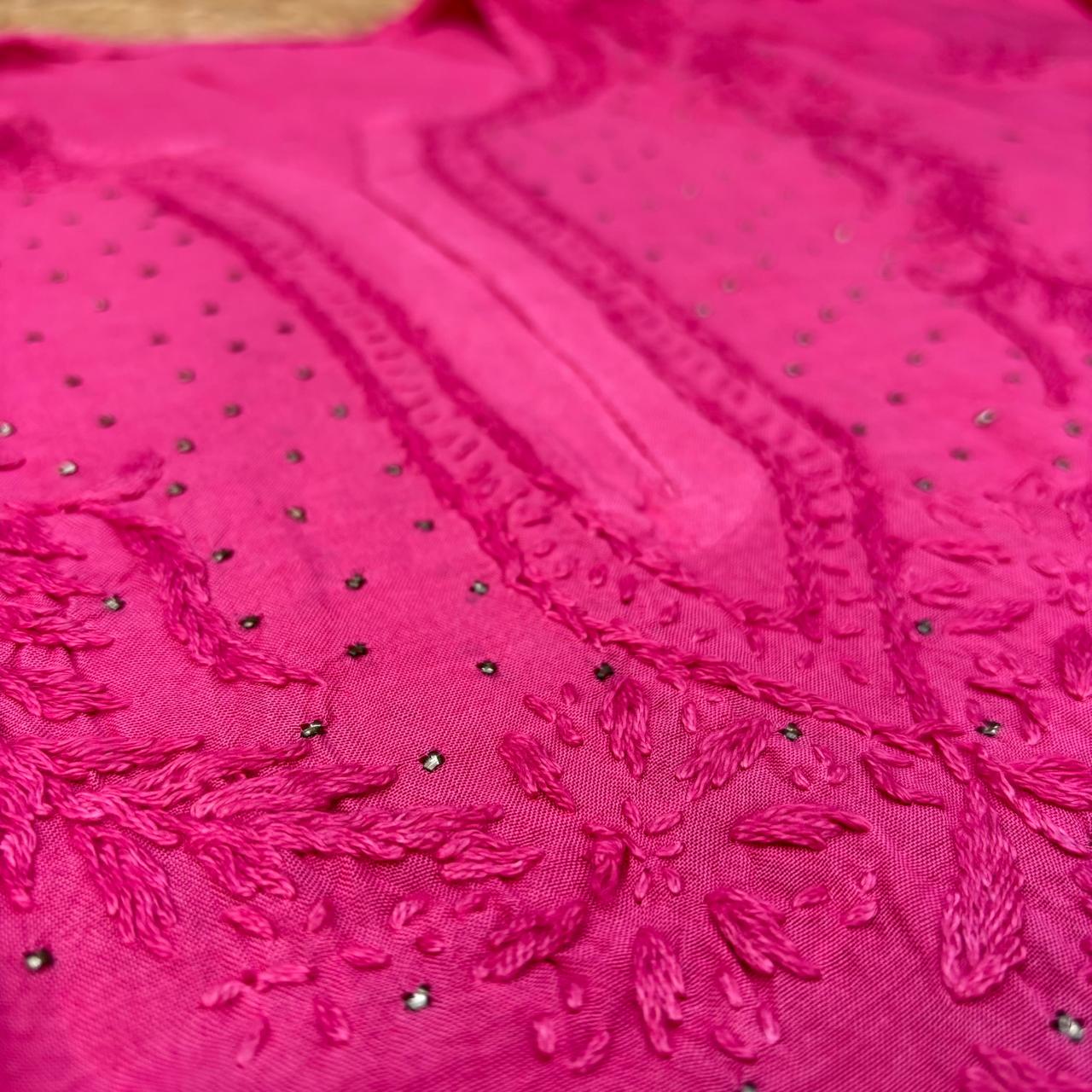 Rakul Preet Inspired Chikankari Muslin Kurti with Mukaish Work - Rani Colour - Chikankaar
