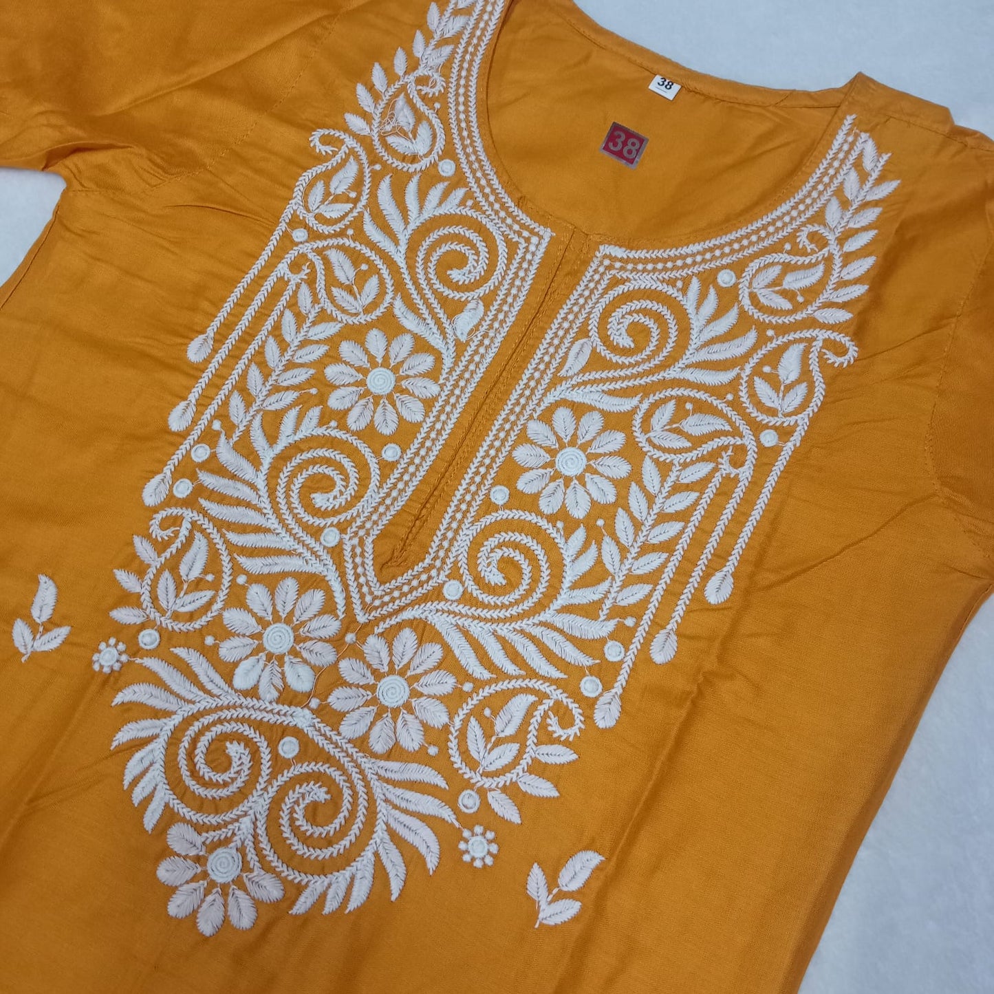 RAYON CHIKANKARI MACHINE WORK KURTI PLAZO SET- MUSTARD COLOUR - Chikankaar