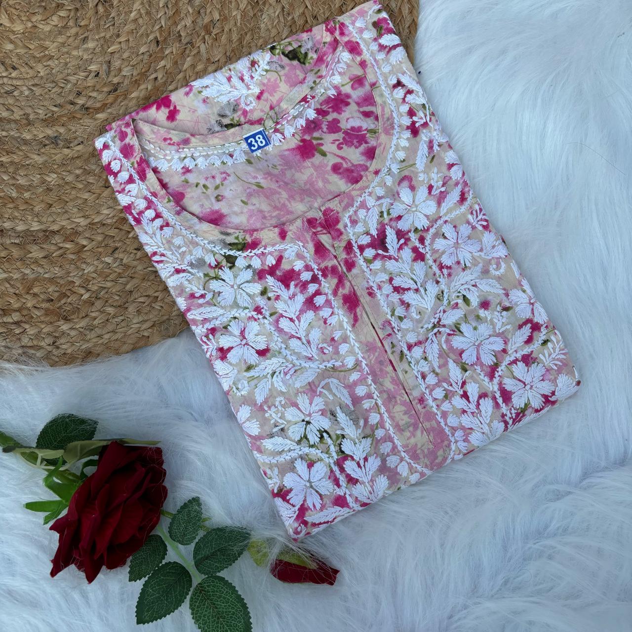 Fatima Pure Mulmul Chikankari Handwork Kurti - Pink Colour - Chikankaar