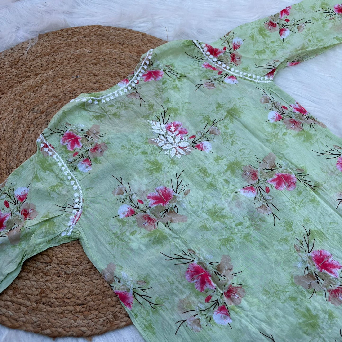 Rasha Pure Mulmul Chikankari Kurti - Pista Colour