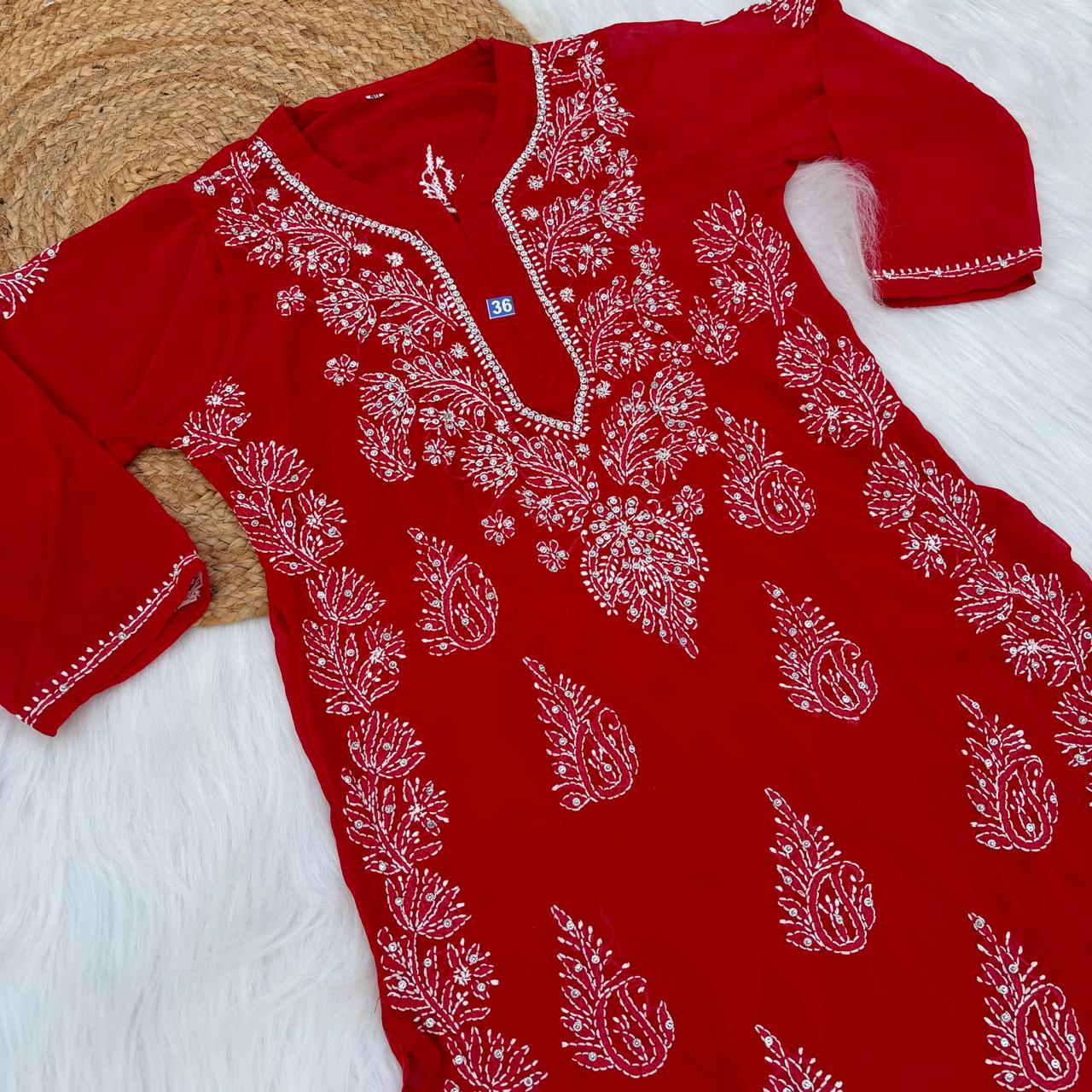 Stone Work Georgette Chikankari Kurti - Red Colour - Chikankaar
