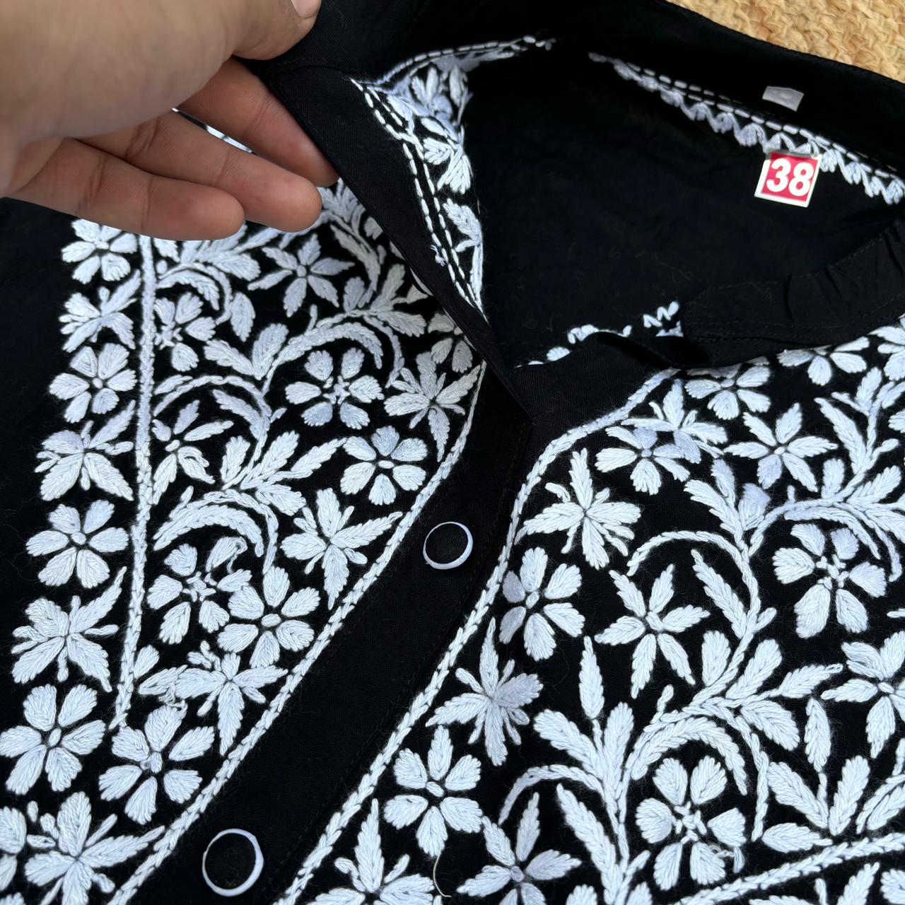 Rihana Rayon Chikankari Short Kurti Plazo Coord Set - Black colour - Chikankaar