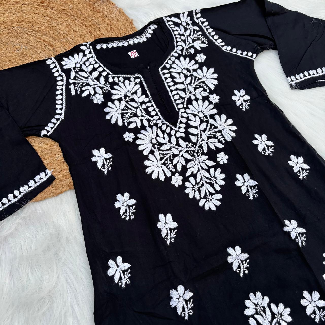 Ina Soft Rayon Chikankari Short Kurti - Black Colour