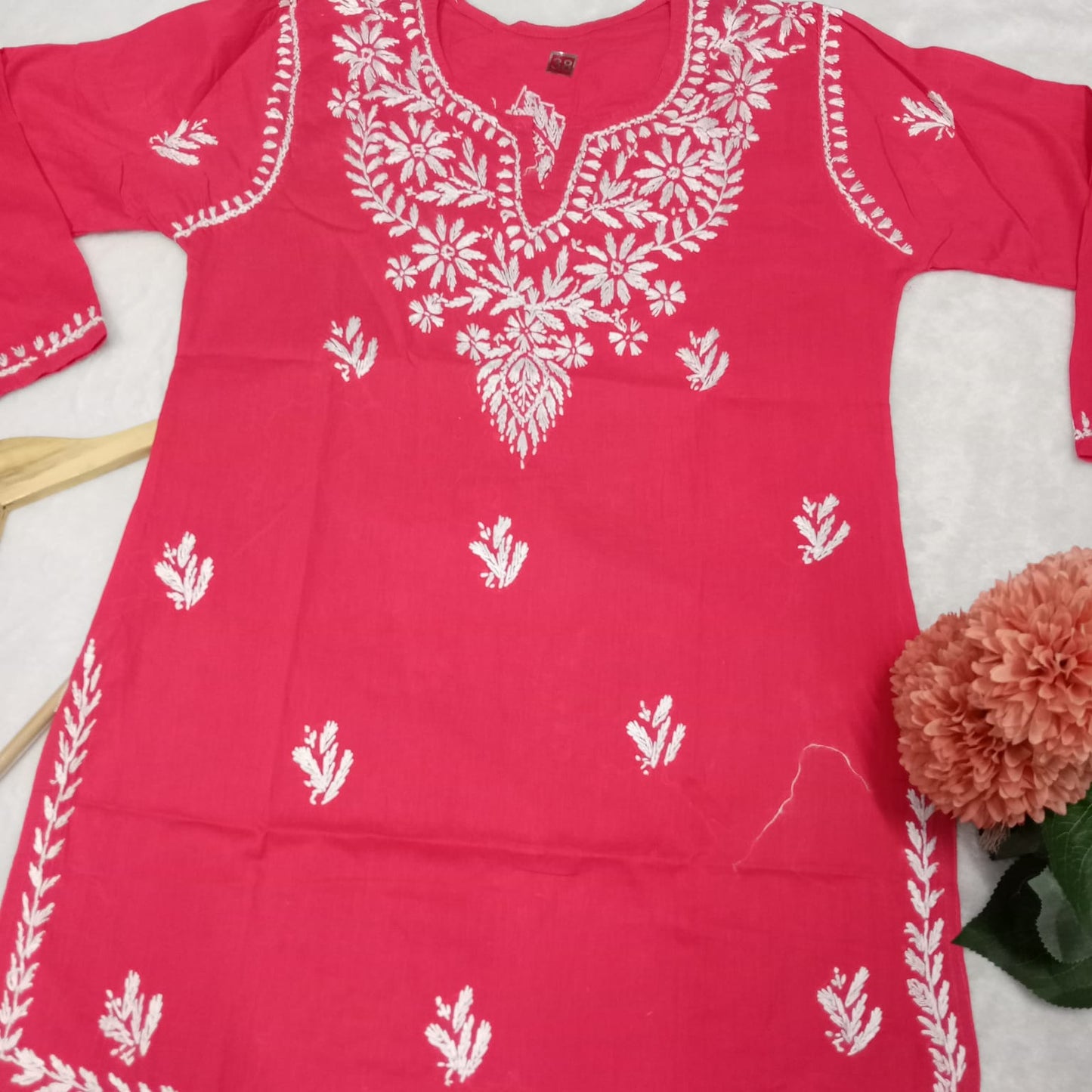 COTTON CHIKANKARI HANDWORK SHORT KURTI -GAZRI COLOUR - Chikankaar