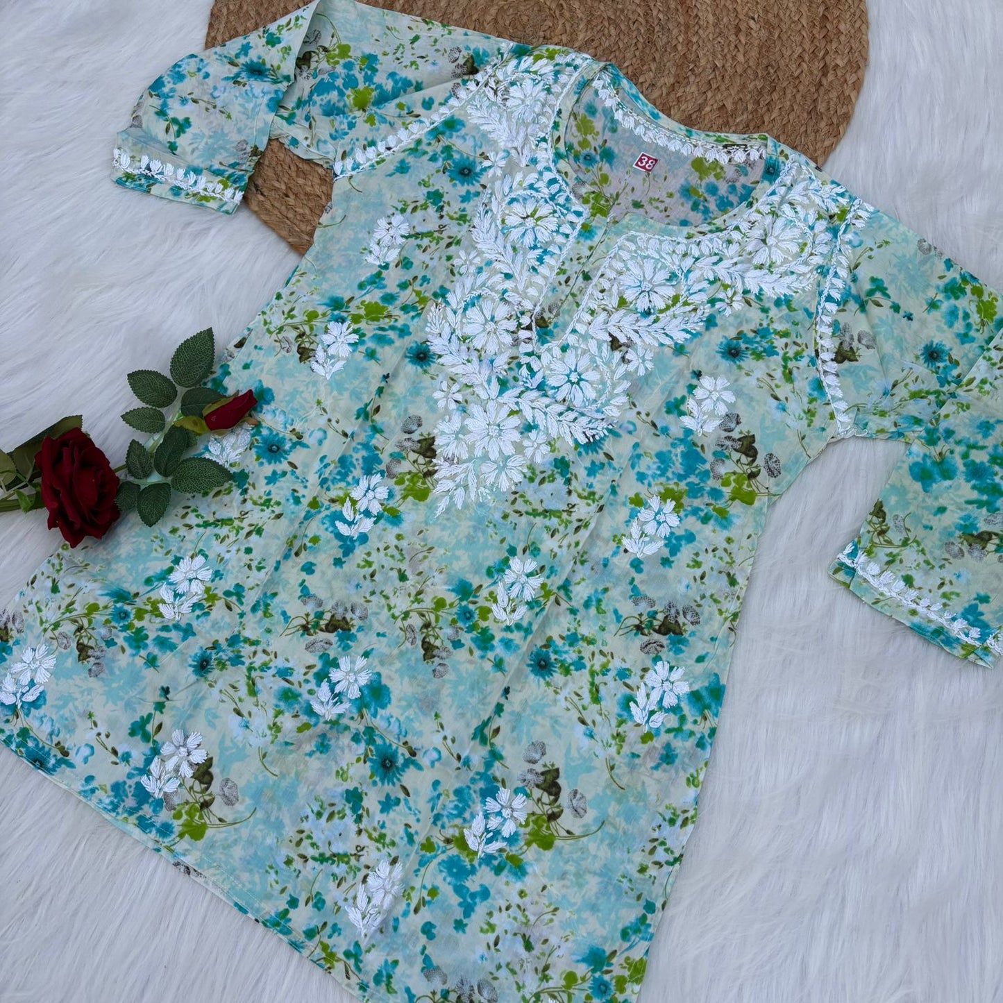 Nura Pure Mulmul Cotton Short Kurti - Sea Green Colour - Chikankaar