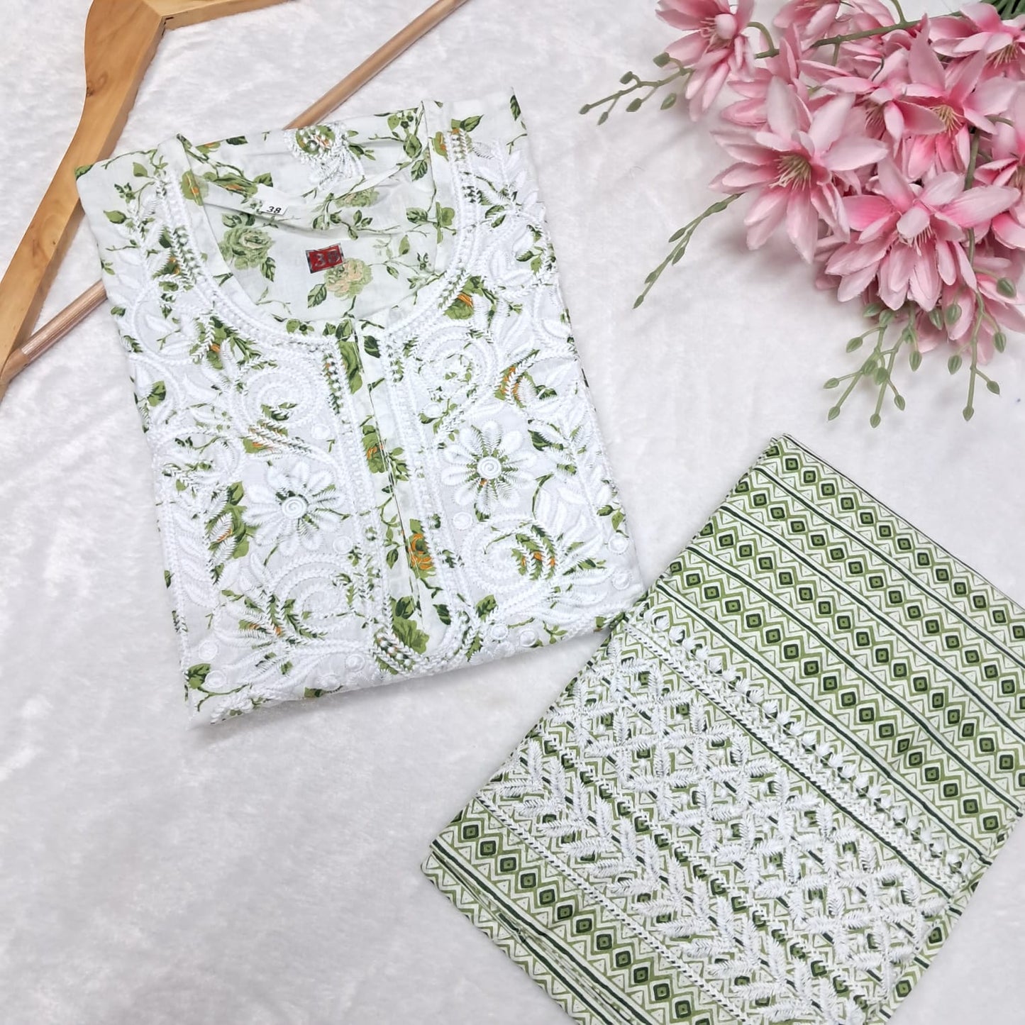 Printed Cotton Chikankari Machine Work Kurti Plazo Set - Green Colour - Chikankaar