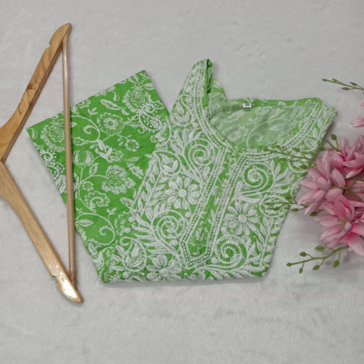 Mulmul Cotton Chikankari Machine Work Kurti -Parrot Green Colour - Chikankaar
